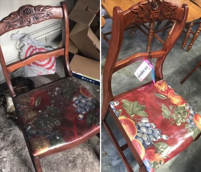 Before and After photos of family heirloom chair after fire