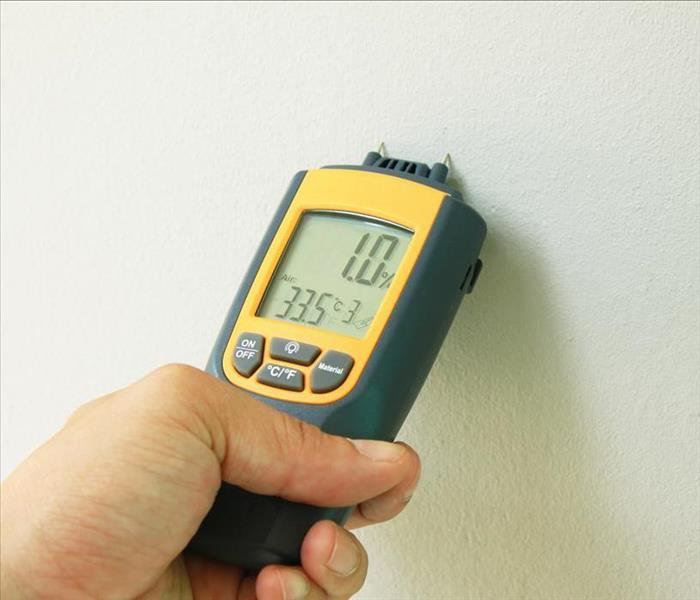 Yellow Moisture Meter pushed against a wall taking a digital reading